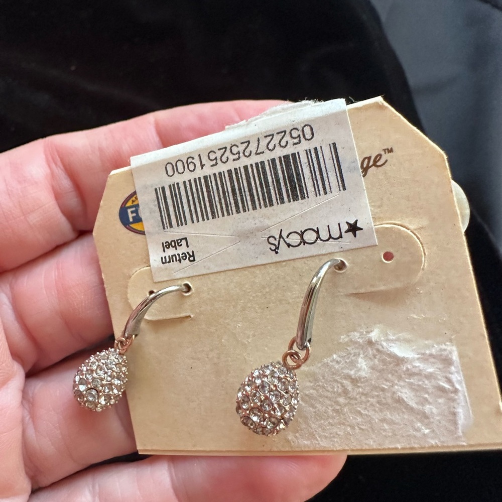 NWT Fossil Long Live Vintage Crystal Teardrop Earrings Stainless Steel Rose Gold - Picture 6 of 14